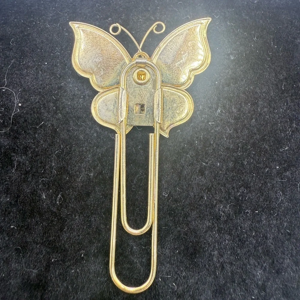 Vintage Enamel Butterfly Bookmark Gold Tone Red Wings Large Paperclip Style